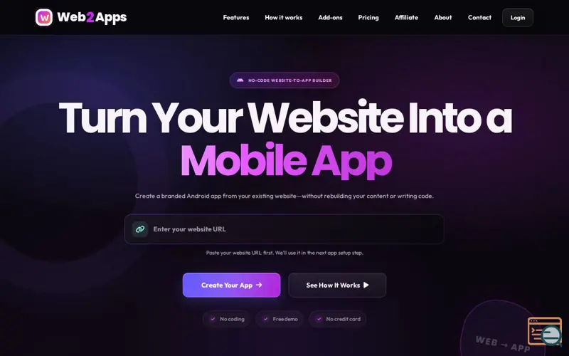 Screenshot of Website to Mobile App Converter | Web2Apps