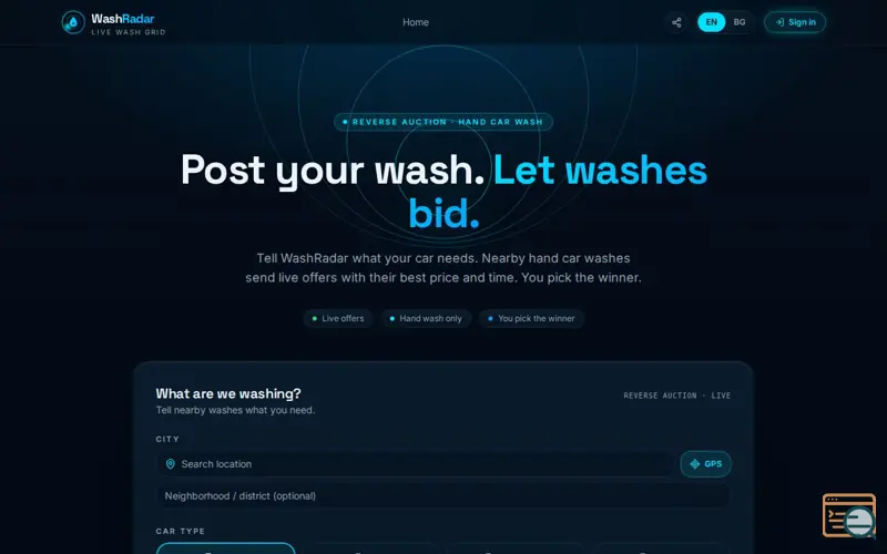 Screenshot of WashRadar — Reverse-auction hand car wash bookings