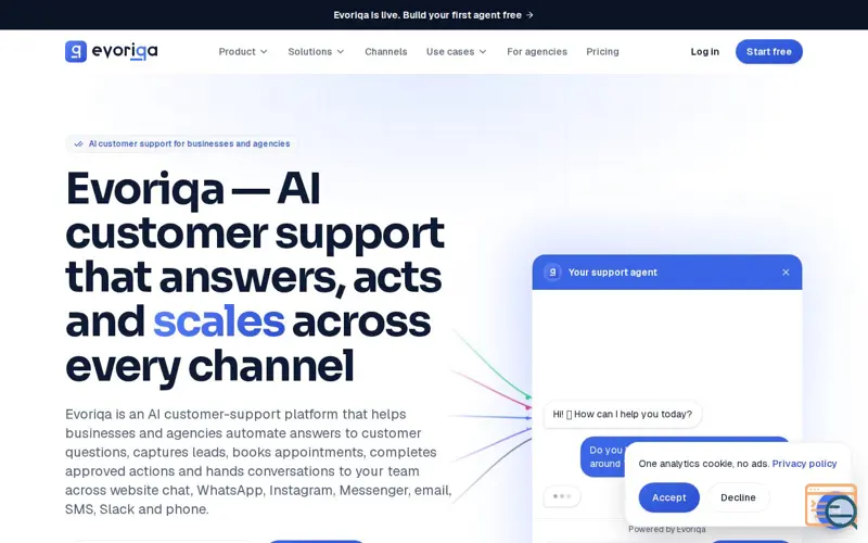 Screenshot of Evoriqa: AI customer-support agents for your business