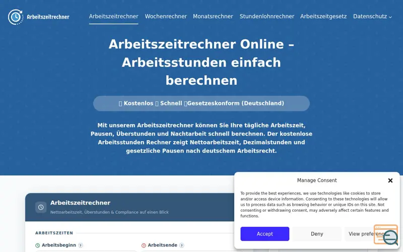 Screenshot of Arbeitszeitrechner