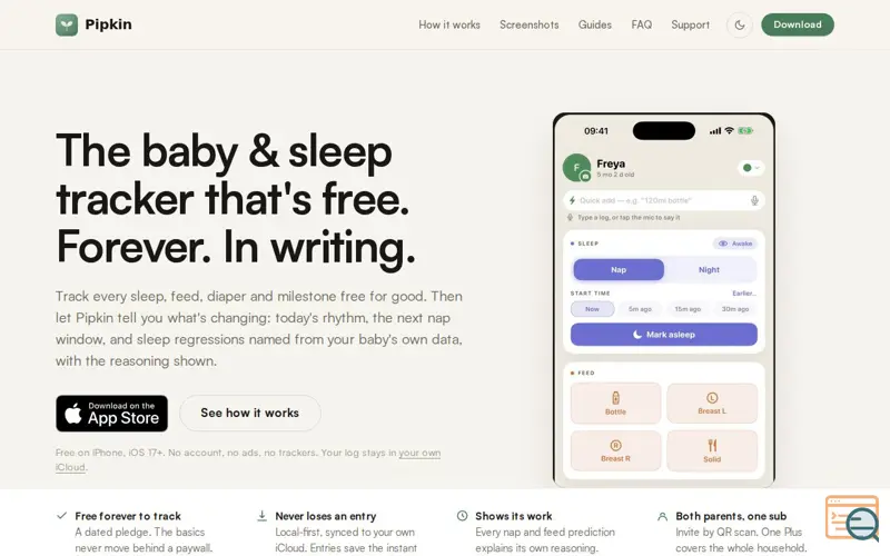 Screenshot of Pipkin — a baby tracker that keeps the free part free
