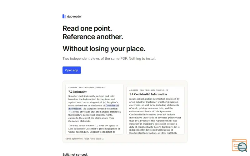 Screenshot of duo·reader — split view for long documents