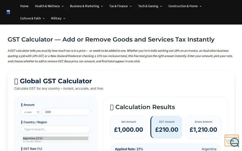 Screenshot of GST Calculator