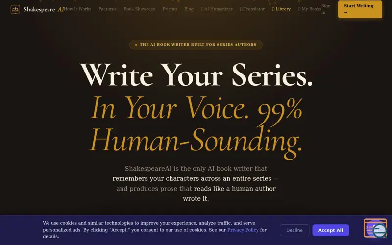 Screenshot of ShakespeareAI — Free AI Book Writer & Novel Generator, a launch using AppLovin