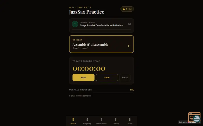 Screenshot of JazzSax Practice — Home