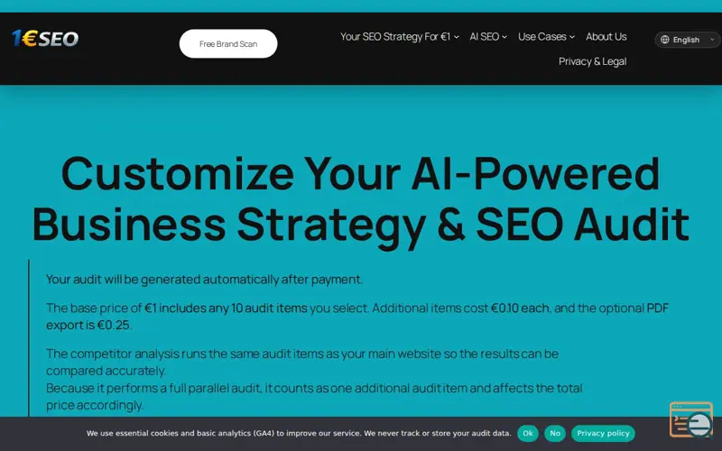Screenshot of 1EuroSEO — €1 AI‑Driven SEO Intelligence, a launch using Cookie Notice
