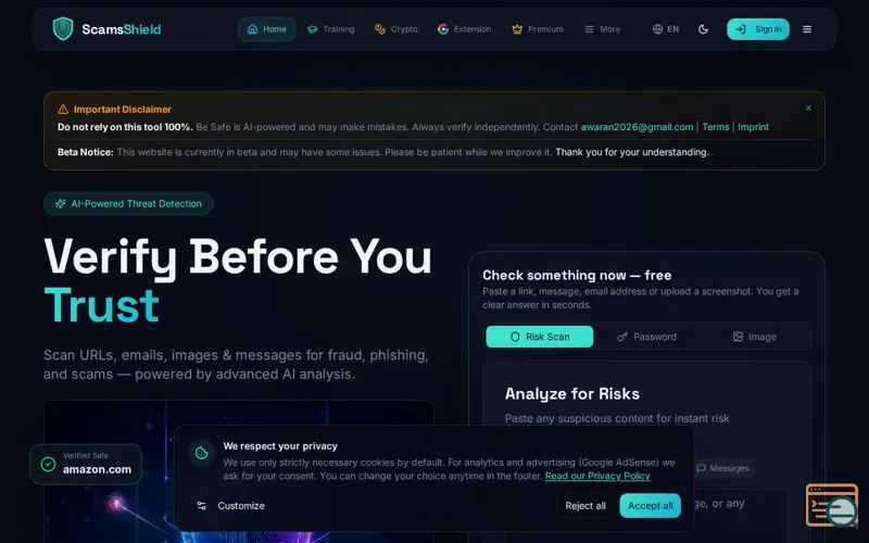 Screenshot of ScamShield – AI Scam, Phishing & URL Safety Scanner
