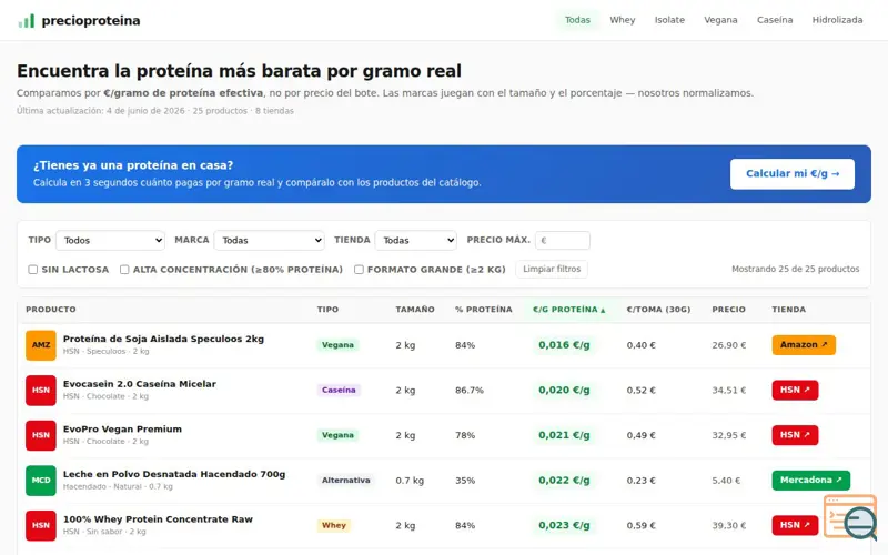 Screenshot of precioproteina, a launch using Nominalia