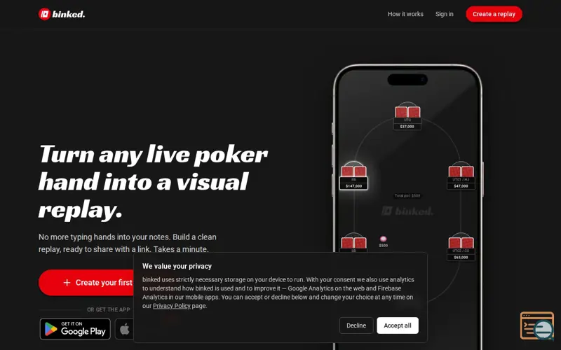 Screenshot of binked: Poker Hand Replayer