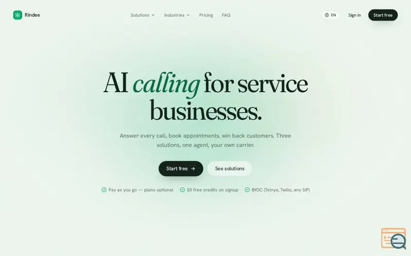 Screenshot of Rindee — AI calling for service businesses