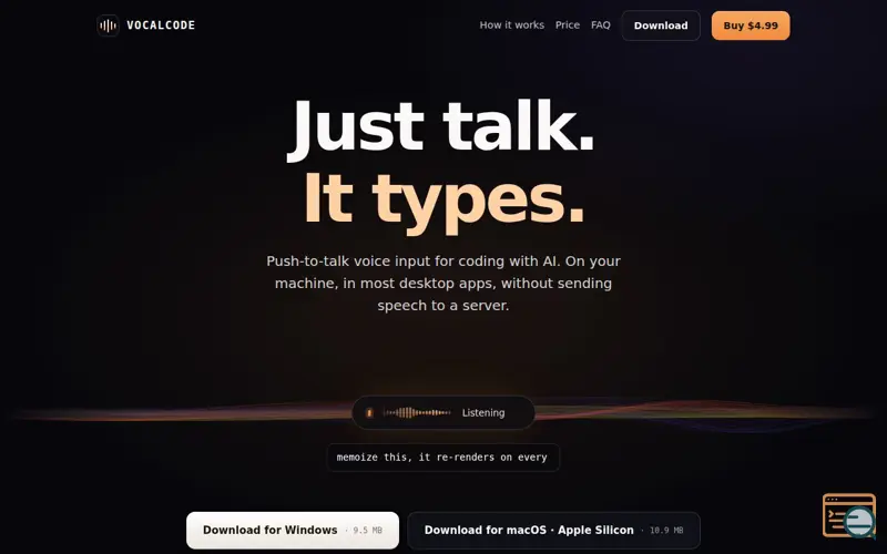 Screenshot of VocalCode — push-to-talk voice input for AI coding