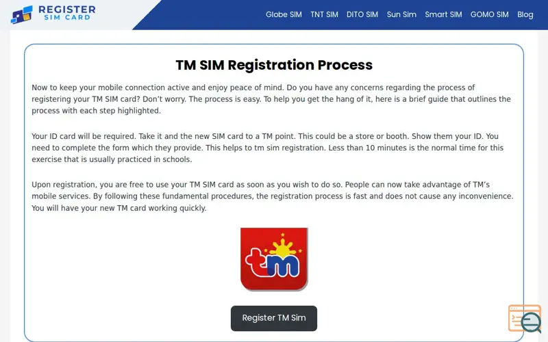 Screenshot of Register Sim Card