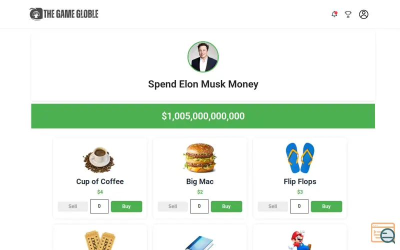 Screenshot of TheGameGloble - Spend Elon Musk Money, a launch using Everest Forms