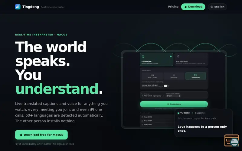 Screenshot of Real-Time Translation for Mac: Movies, Meetings, Phone Calls — Tingdong