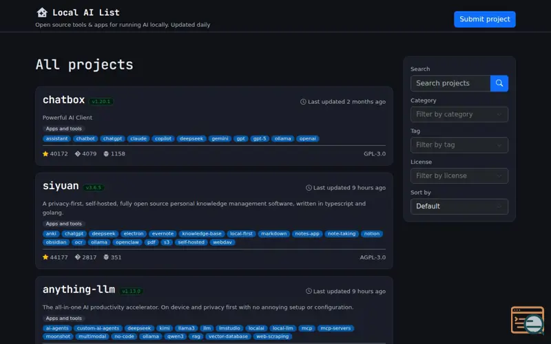 Screenshot of Local AI List, a launch using Sōzu
