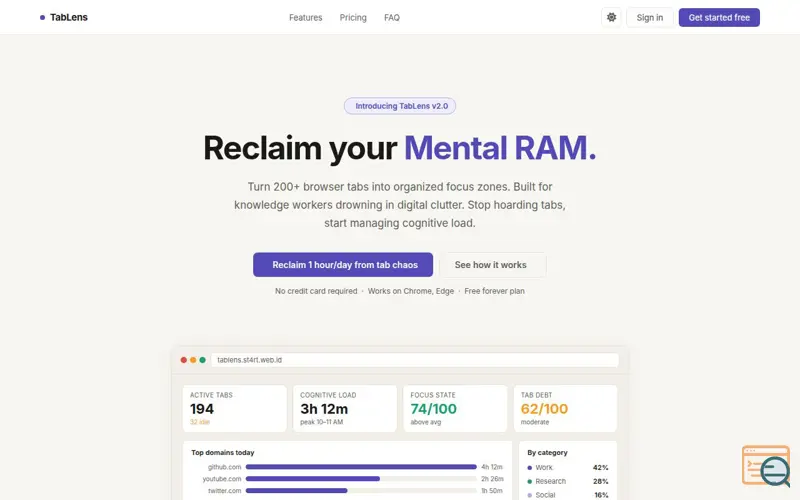 Screenshot of TabLens: Your browser tabs, organized.