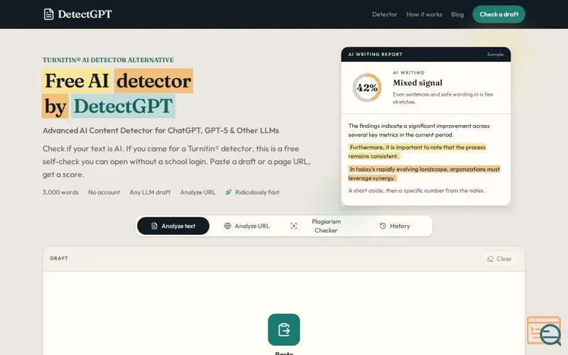 Screenshot of DetectGPT: Free AI Checker & Turnitin AI Detector (No Signup)