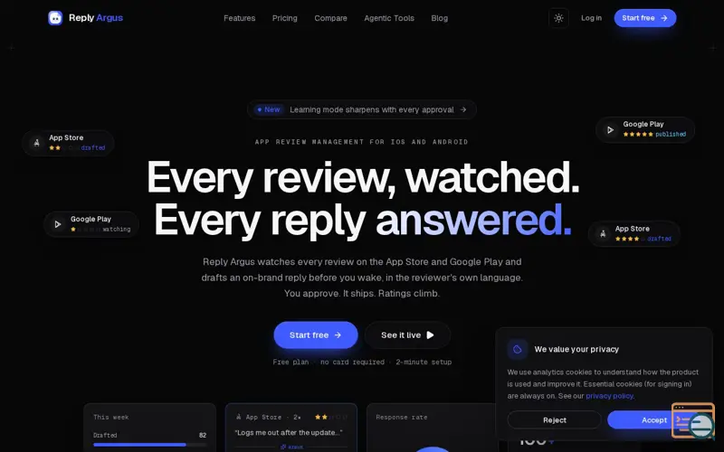 Screenshot of AI App Review Management: App Store & Google Play · Reply Argus
