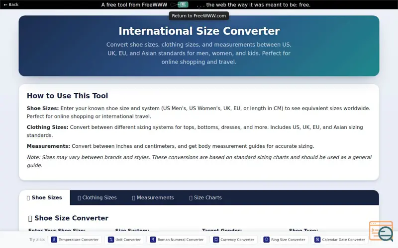 Screenshot of FreeWWW International Size Converter