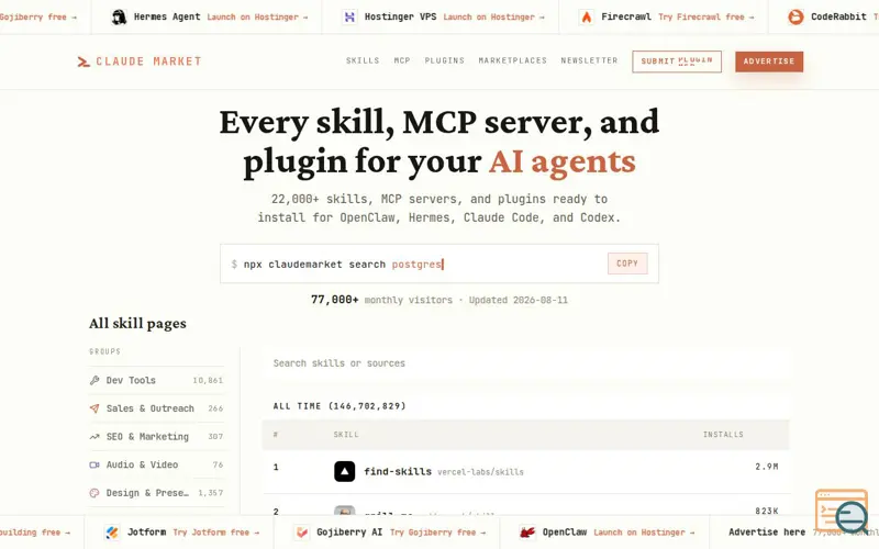 Screenshot of AI Agent Skills Directory | Claude Market, a launch using Context.dev