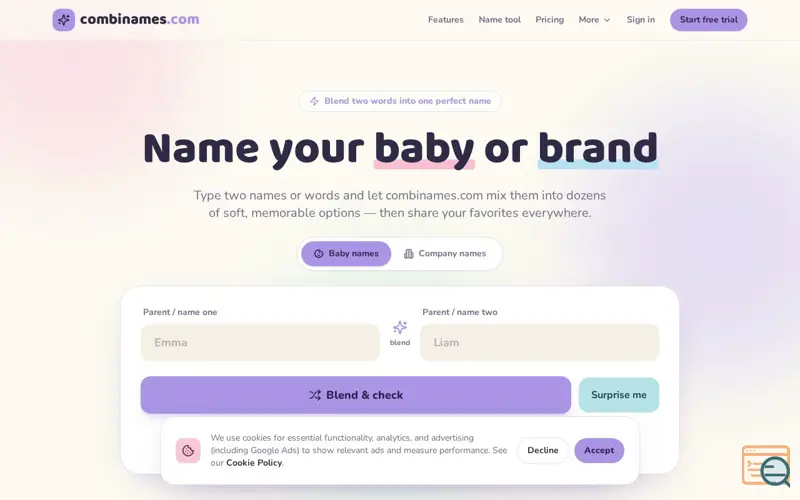 Screenshot of CombiNames — Name Blend Generator