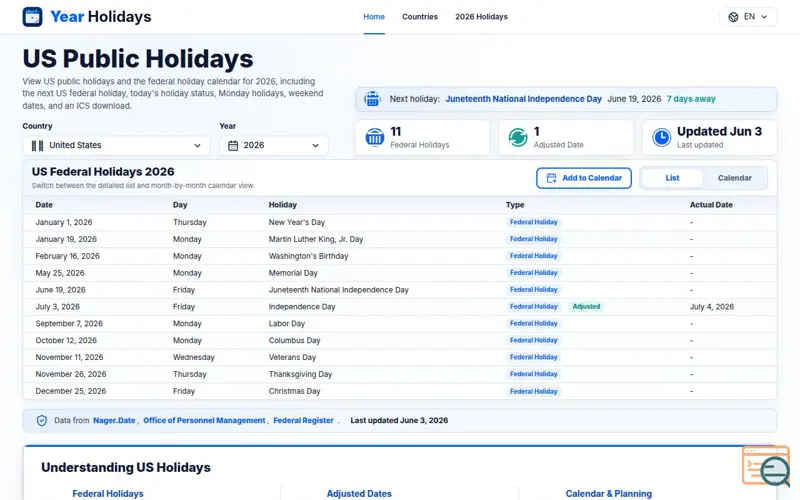 Screenshot of Year Holidays