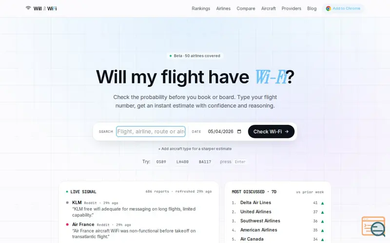 Screenshot of WillItWiFi —Will my flight WiFi? 