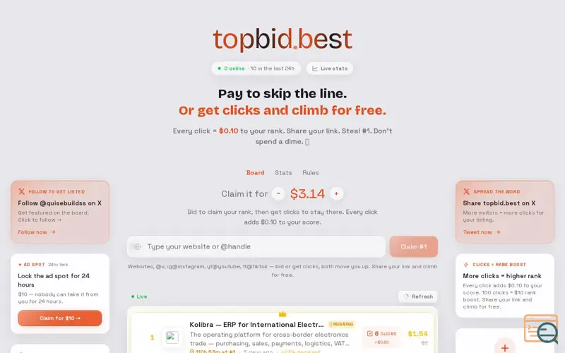 Screenshot of topbid - Pay or get clicks to rank #1
