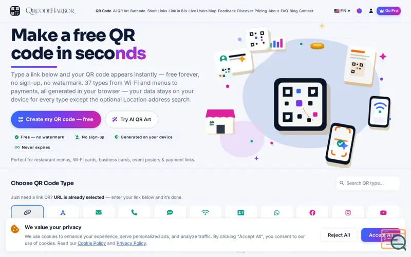 Screenshot of QR Code Harbor — Free QR Code Generator | Create Custom QR Codes with Logo
