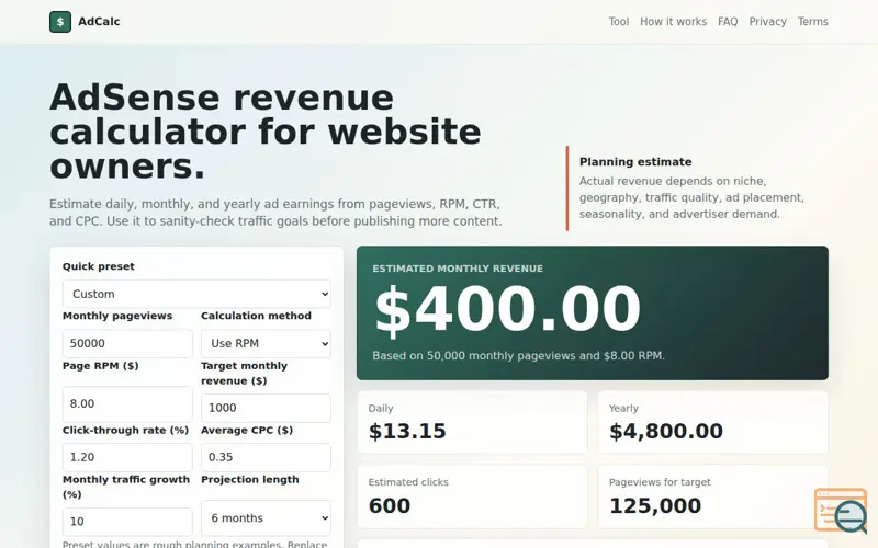 Screenshot of AdCalc