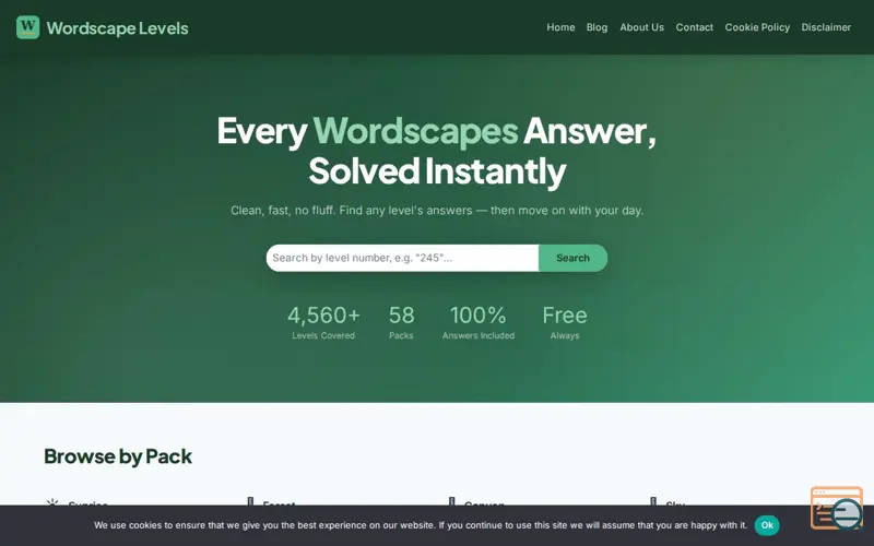 Screenshot of Wordscape Levels, a launch using Cookie Notice