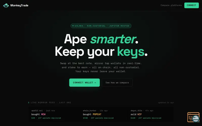Screenshot of MonkeyTrade — trade Solana smarter