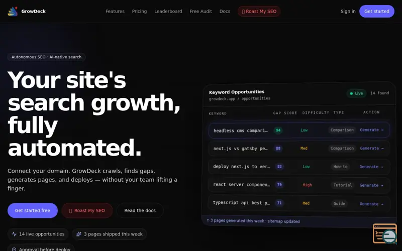Screenshot of GrowDeck, a launch using Kong