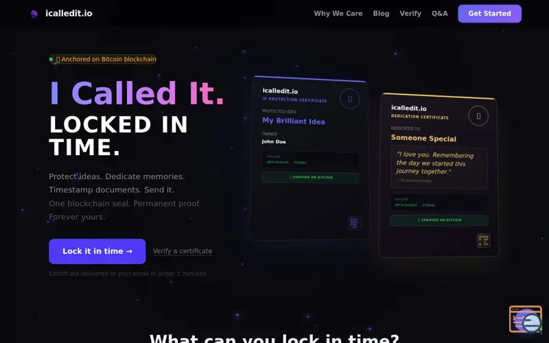 Screenshot of icalledit.io — Protect ideas on Bitcoin
