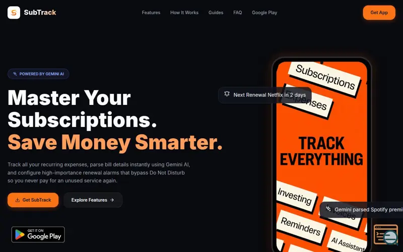 Screenshot of SubTrack AI