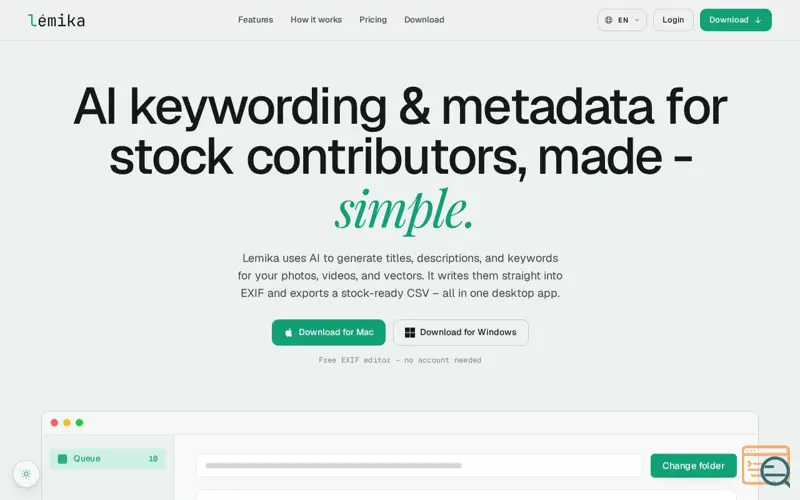 Screenshot of Lemika – AI keywording for stock photos, video & vectors