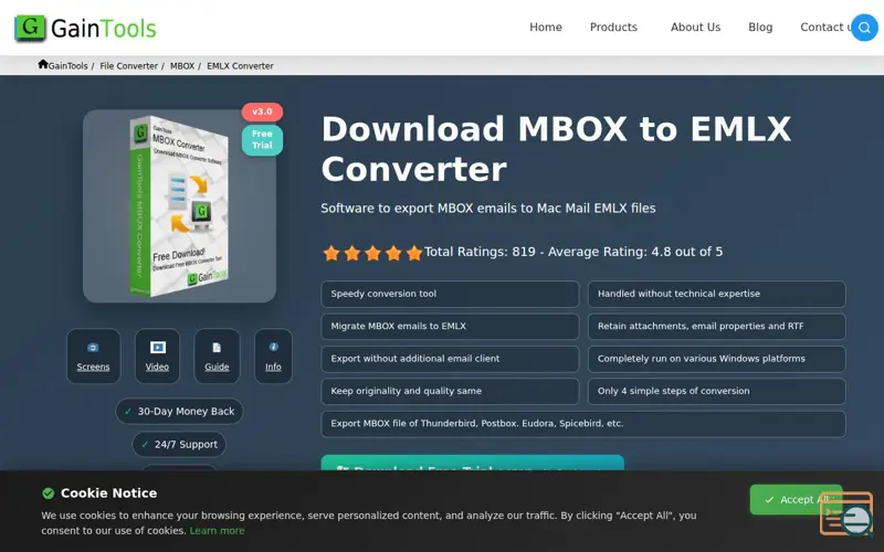 Screenshot of GainTools MBOX to EMLX Converter