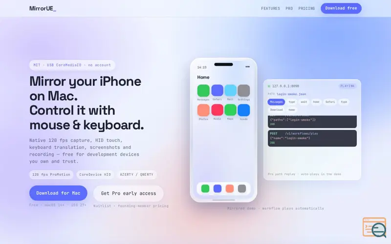 Screenshot of MirrorUE - iPhone mirror on Mac and more