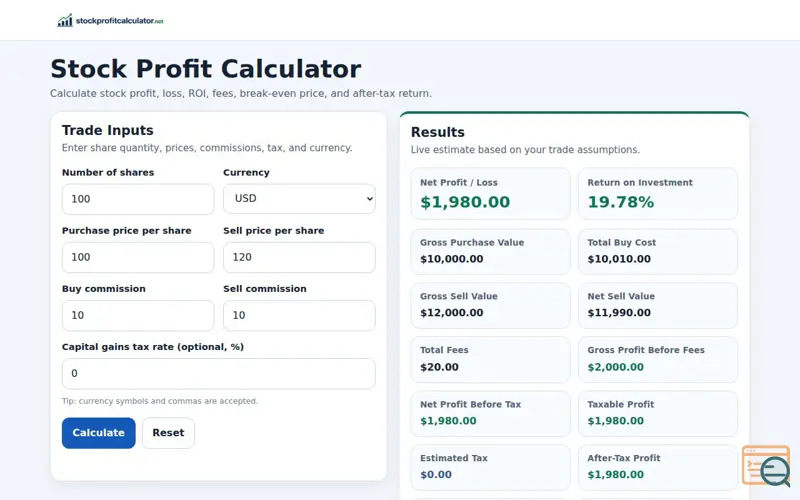 Screenshot of stockprofitcalculator.net