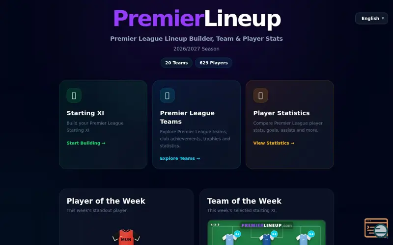 Screenshot of PremierLineup – Premier League Lineups, Teams, Fixtures & Stats