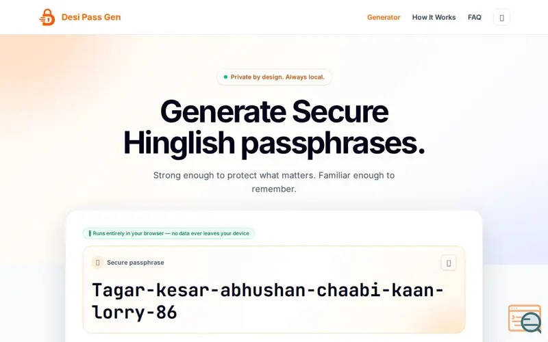 Screenshot of Desi Pass Gen — Hinglish Passphrase Generator