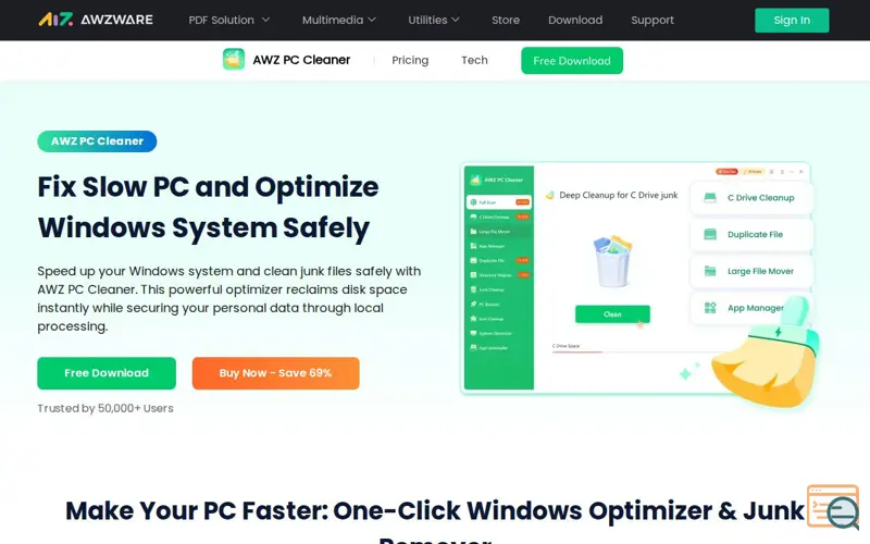 Screenshot of awzware.com/pc-cleaner