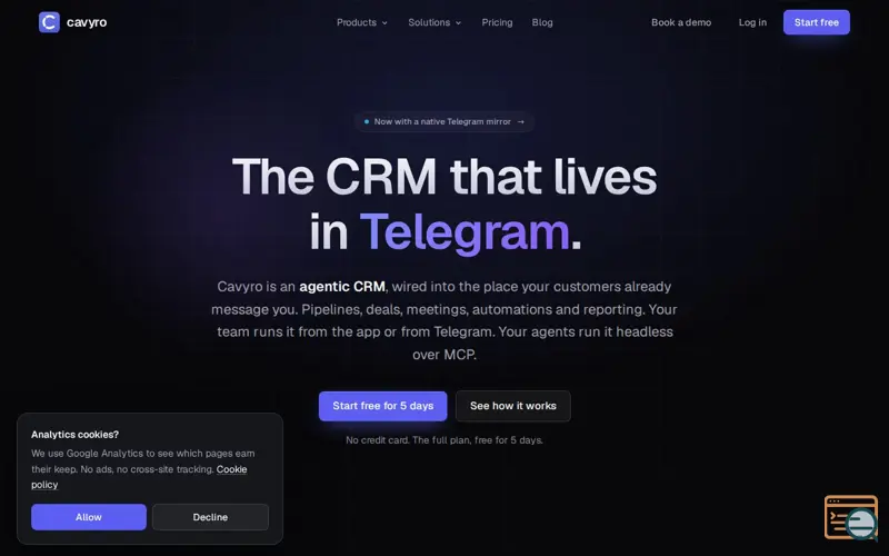 Screenshot of Agentic Telegram CRM for Sales Teams · Cavyro, a launch using SaaSGrave