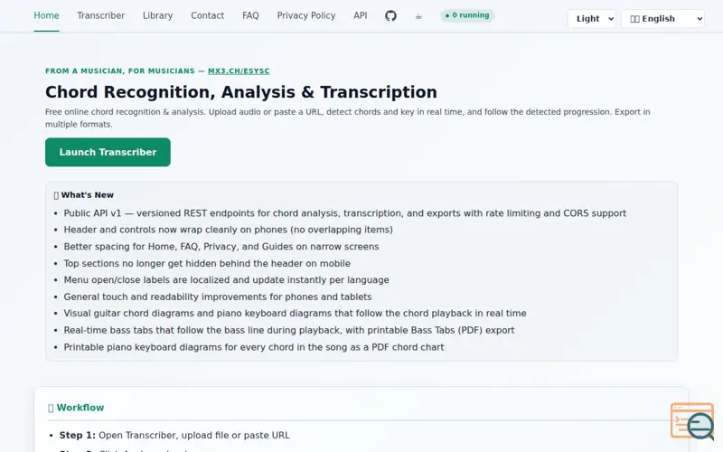 Screenshot of Magic Chords - Free AI Chord Detection & Transcription | Audio to Chord Sheet, PDF, MIDI