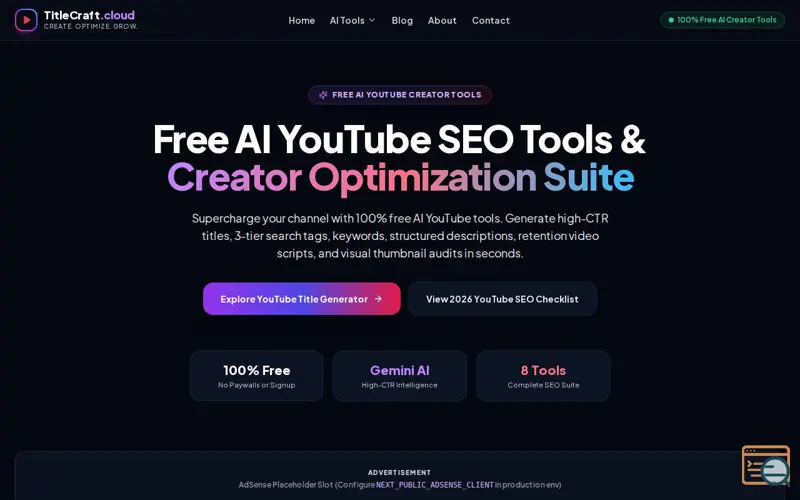 Screenshot of TitleCraft.cloud — Free AI YouTube SEO & Creator Toolkit
