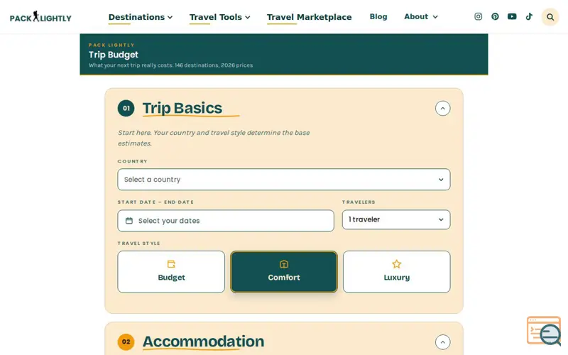 Screenshot of Pack Lightly Trip Budget Calculator