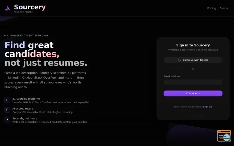 Screenshot of Sourcery - AI headhunting for recruiters