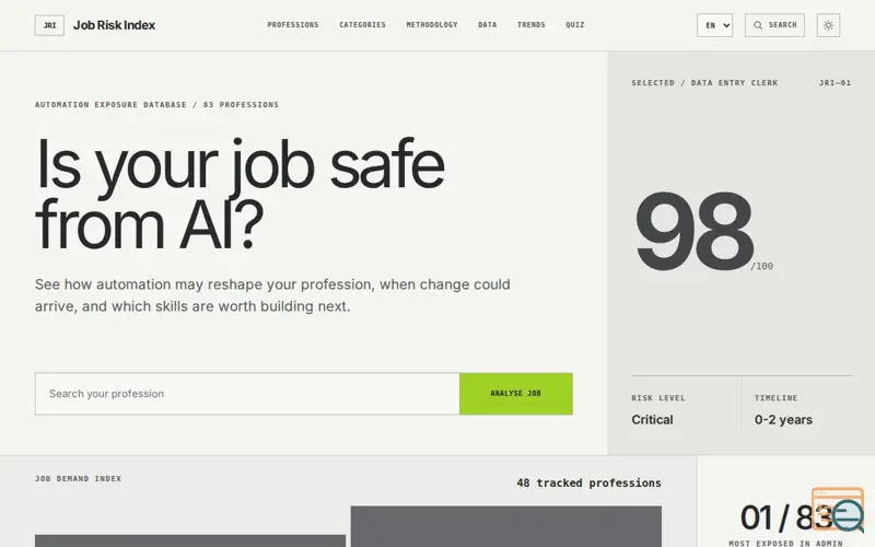 Screenshot of Job Risk Index — AI Automation Risk by Profession