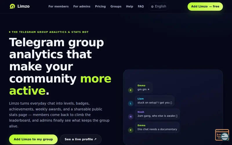 Screenshot of Limzo — Telegram Community Analytics