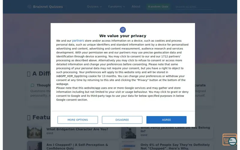 Screenshot of Brainrot Quizzes, a launch using AdRoll